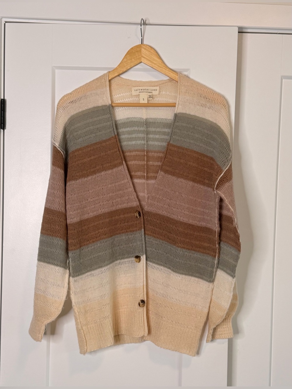 💛2 for $20- saltwater LUXE Cream, Tan & Sage Striped V-Neck Button Cardigan
